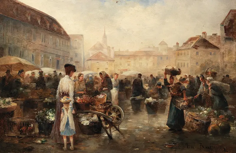 Flower Market in Krems by Emil Barbarini, impressionism, depicting colorful flowers in a market