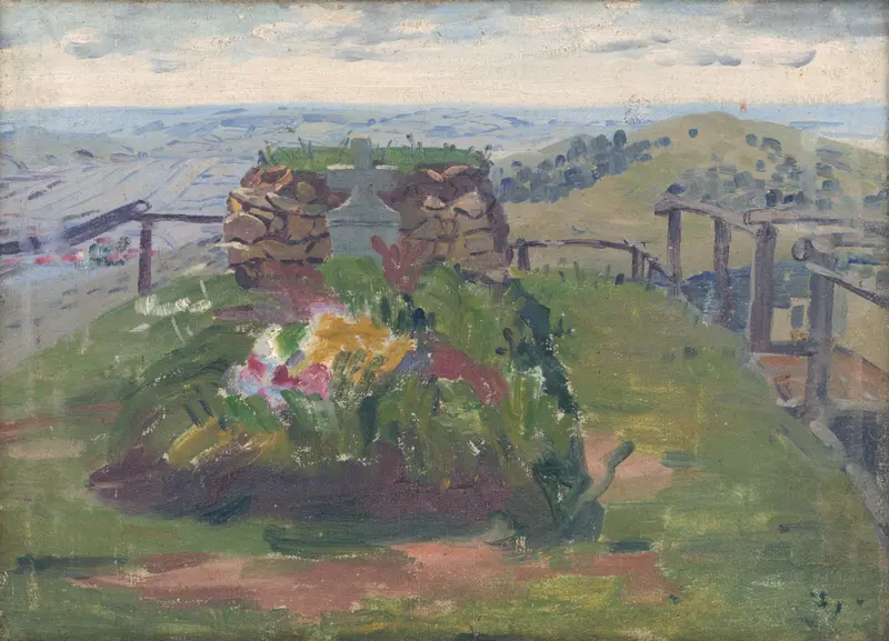 A grave with a stone cross atop a hill, surrounded by colorful flowers and a distant landscape.