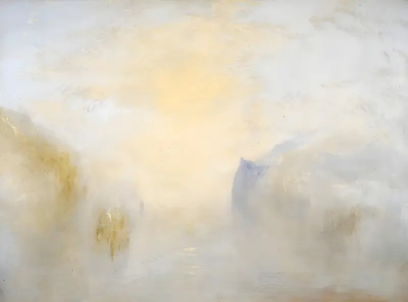 A misty landscape shows two headlands enclosing a bright pale yellow and white sky above a silvery water surface with subtle ripples.