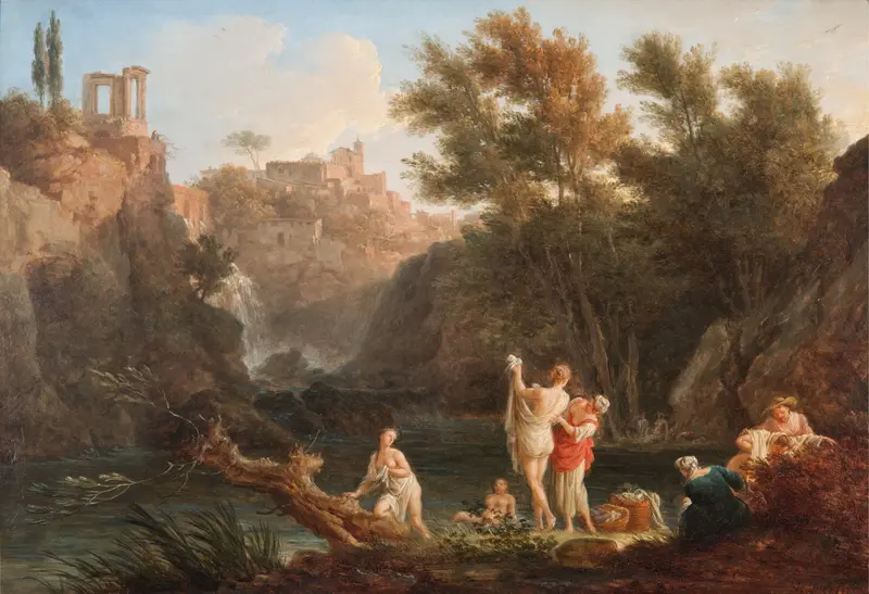 Rococo landscape depicting twilight over calm water by Claude-Joseph Vernet