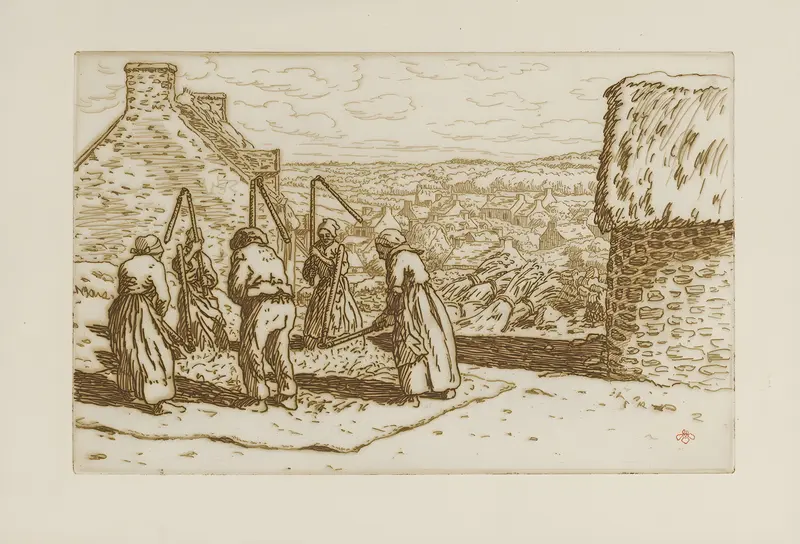 Henri Rivière's painting depicts a man and four women harvesting wheat.