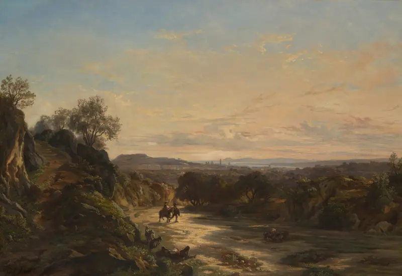 Oil painting by Paul Huet depicting hills and cerulean skies