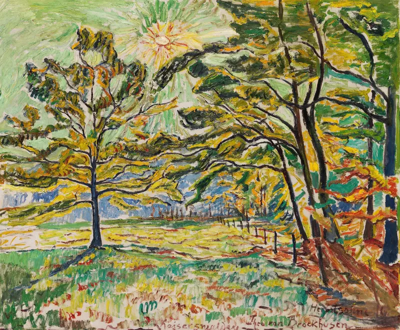 Herbstsonne by Theo Von Brockhusen, oil on canvas depicting sunlight filtering through autumn leaves.