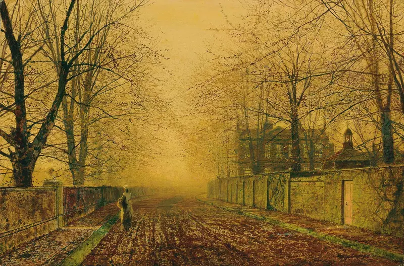 Under The Beeches, oil on canvas by John Atkinson Grimshaw, depicting twilight through beech trees.
