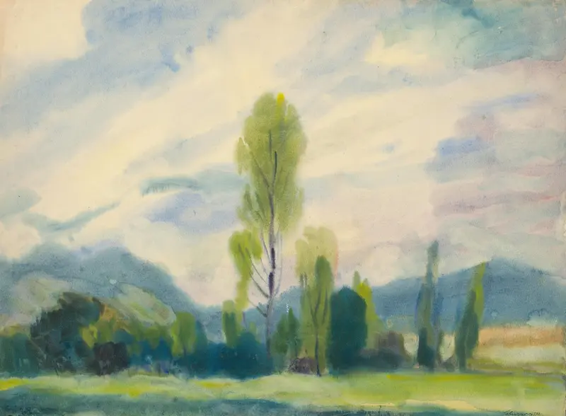 Landscape below the Low Tatras, oil painting by Zolo Palugyay, featuring mountains and golden light.