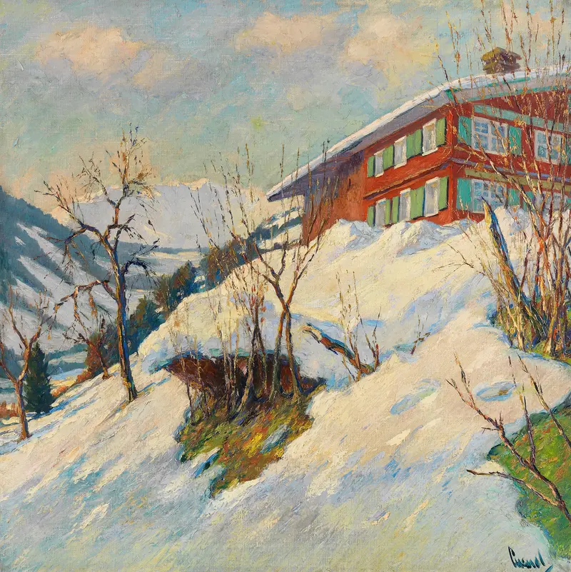 Genre scene with figures in winter attire in a snowy landscape by Edward Cucuel, oil painting