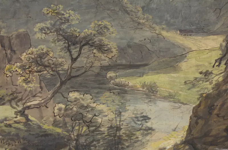 River Landscape by Johann Georg von Dillis, oil painting depicting a serene river under a radiant sky.