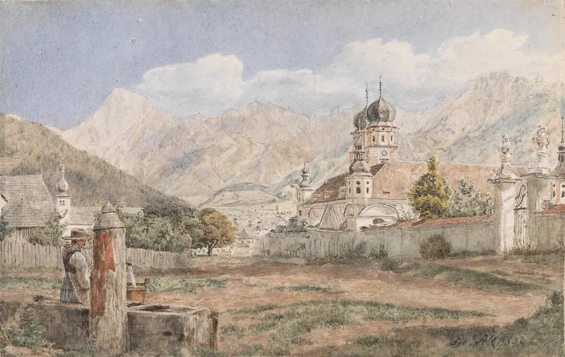 Stift Stams by Jakob Alt, oil on canvas depicting a monastery in a landscape.