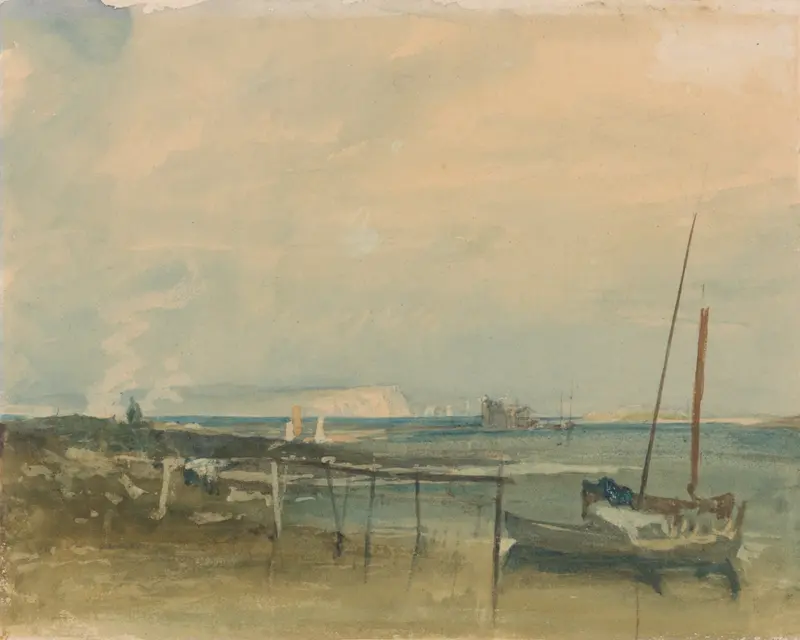 Coast scene with white cliffs and boats on shore, oil painting by Joseph Mallord William Turner