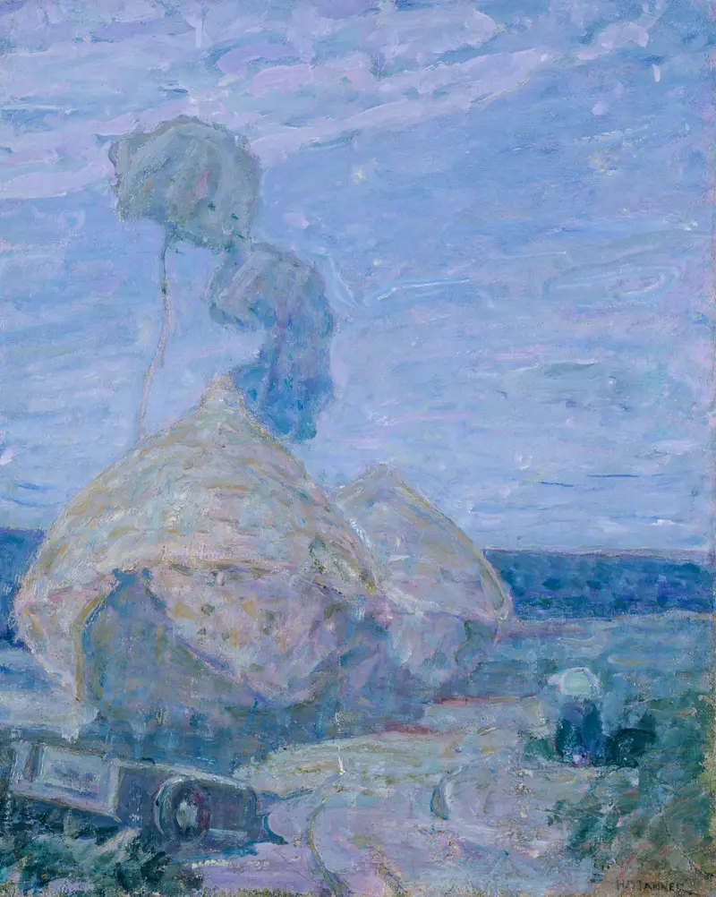 Haystacks by Henry Ossawa Tanner, oil painting depicting golden haystacks in warm light