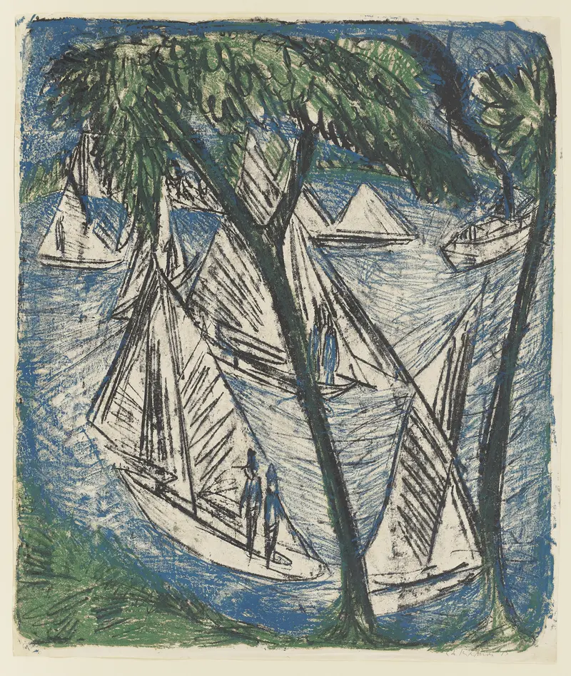 Sailboats on a lake, oil on canvas by Ernst Ludwig Kirchner