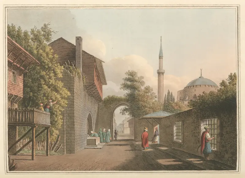 Eski Estamboul by Luigi Mayer, watercolor on paper depicting Istanbul's architecture