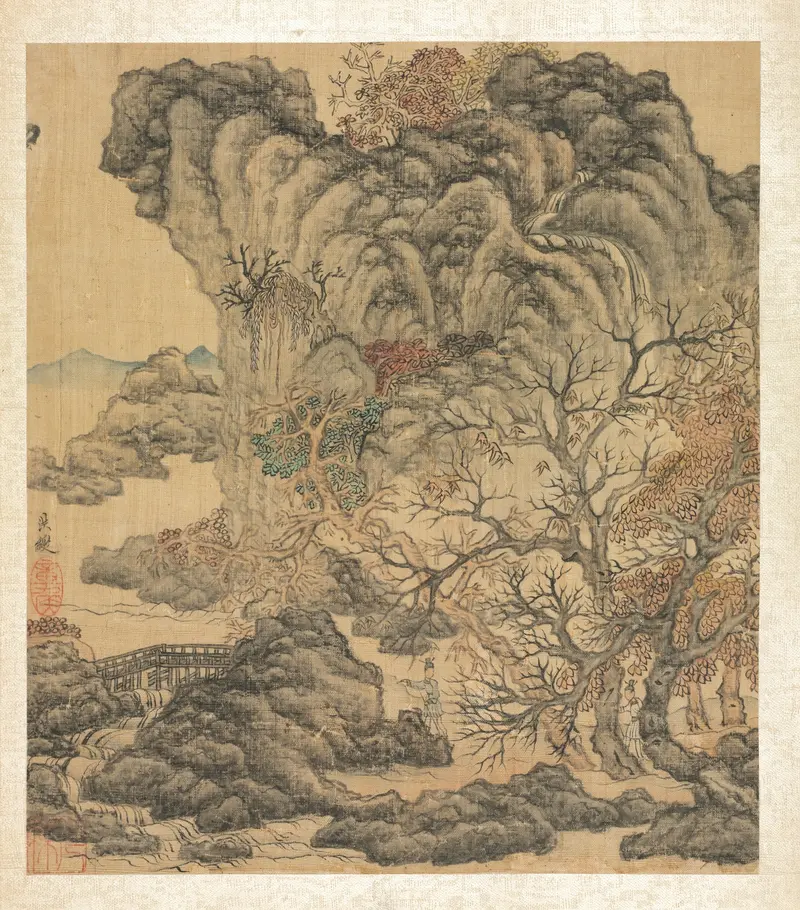 Travelers in an autumn landscape, ink on paper by Chen Hongshou