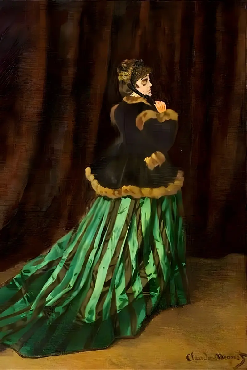 A woman in a green gown with black fur-trimmed jacket and hat stands three-quarters turned against a dark brown textured background.