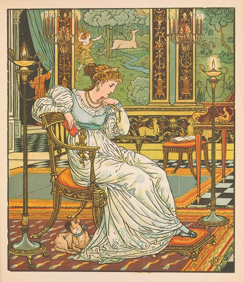 Walter Crane's 'Beauty and the Beast Pl. 13' illustrates a whimsical scene from the classic fairy tale.