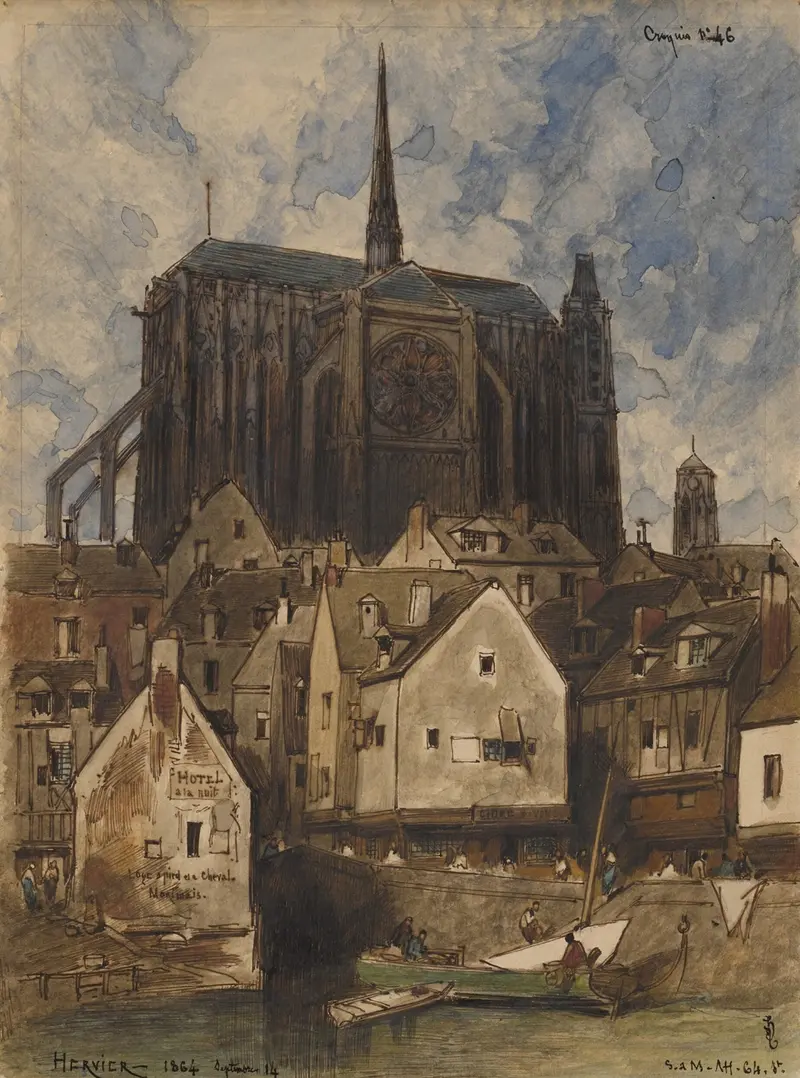 Exterior of a cathedral by Louis-Adolphe Hervier, oil on canvas, showcasing intricate stonework and towering spires.