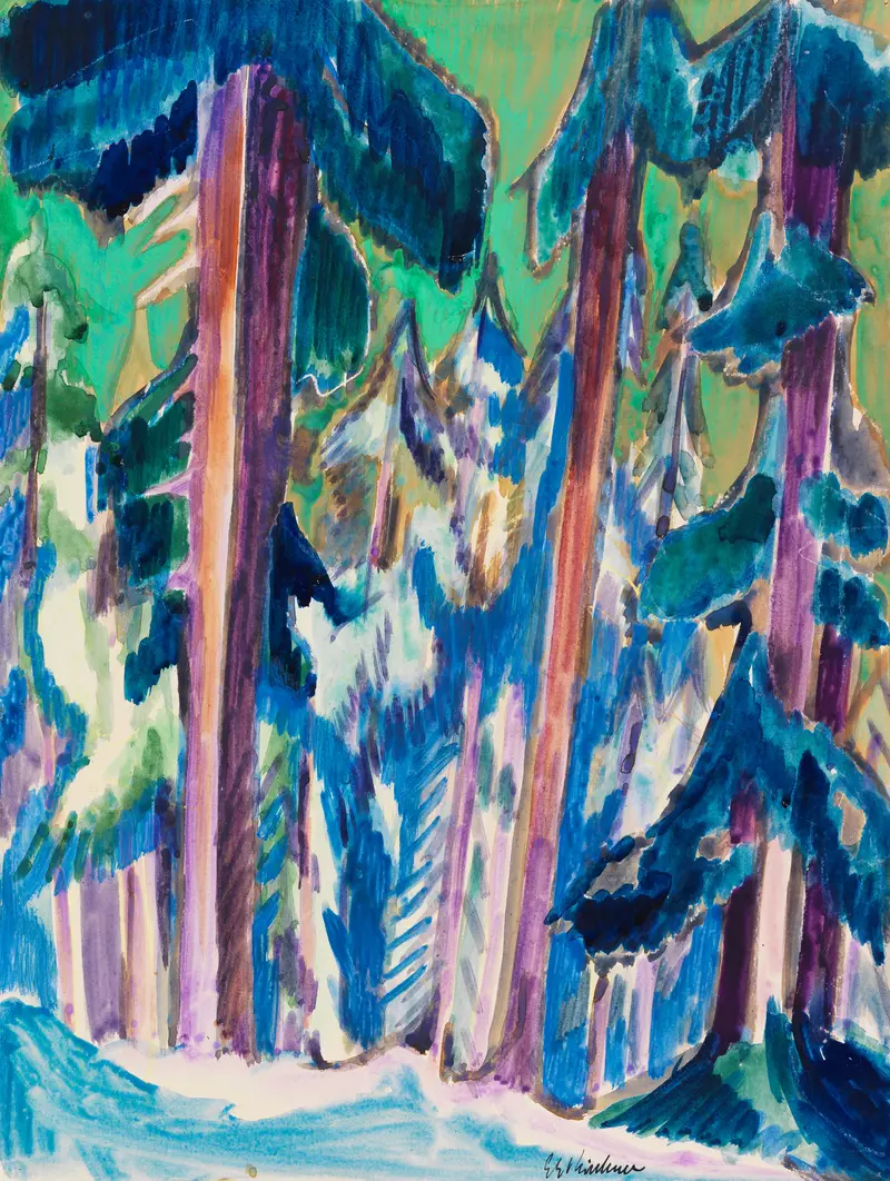 Expressionism landscape by Ernst Ludwig Kirchner, featuring winter trees and snow.