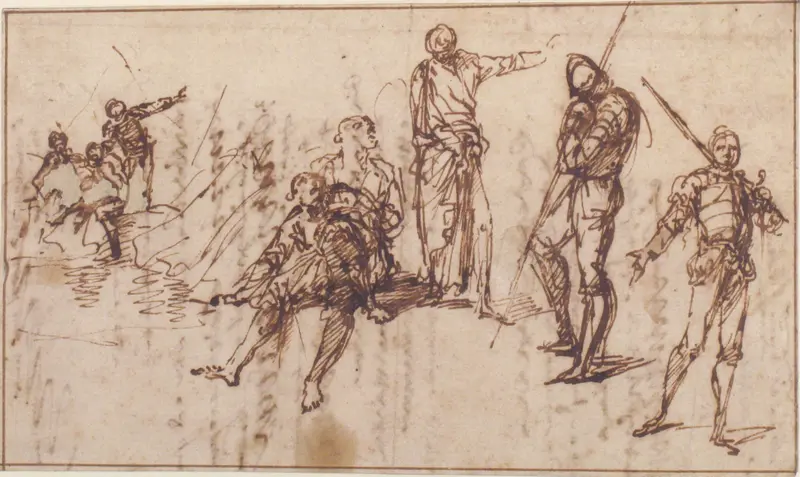 Salvator Rosa's painting features two soldiers and six other figures in a dramatic setting.