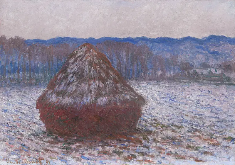 Stack of Wheat by Claude Monet, oil painting depicting golden wheat under an overcast sky.