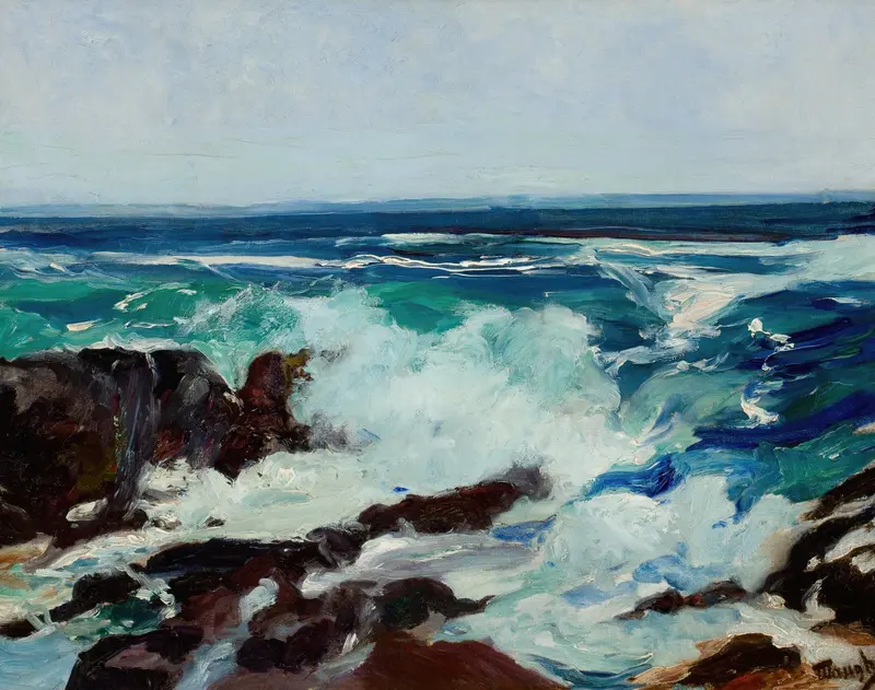 Surf and Spindrift, oil painting by Frederick Judd Waugh, depicting tumultuous ocean waves.