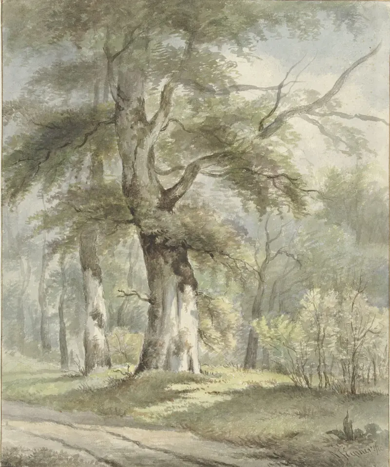 Landscape featuring rolling hills and forest, oil on canvas by Arnoldus Johannes Eymer