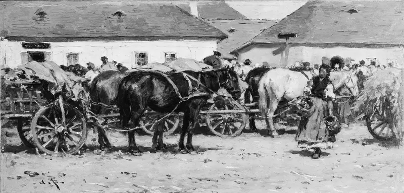 A bustling market scene with horses, wagons, and a woman carrying a basket and jug.