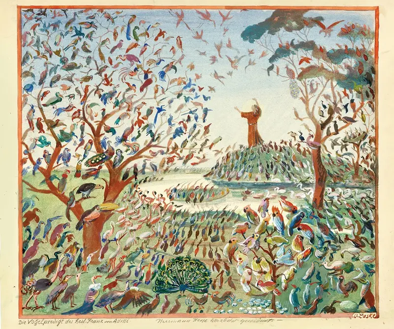 A depiction of Saint Francis preaching to birds in a serene natural setting.