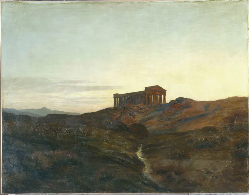 Terre antique, le temple by Émile-René Ménard, oil painting depicting an ancient temple in ochre tones.