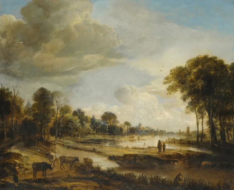 Aert van der Neer's oil on canvas depicting a river landscape with figures and cattle.