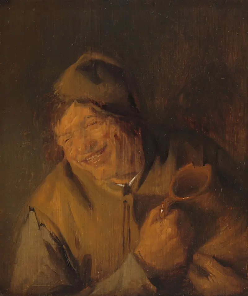 Genre scene of a peasant in golden light, oil on panel by Adriaen van Ostade
