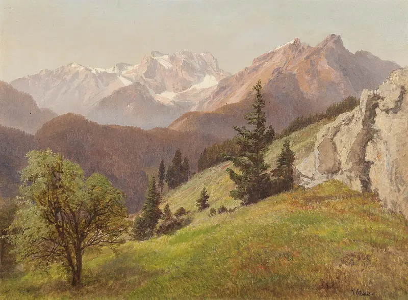 Mountain landscape by Konrad Petrides, depicting a lush valley under a cerulean sky, oil painting