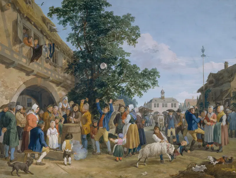 Genre scene depicting villagers celebrating, oil painting by Anton Radl
