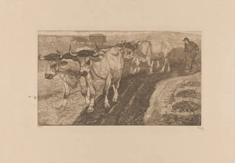 Vier ploegende ossen by Pieter Dupont, oil painting of oxen straining against a yoke in a stormy landscape