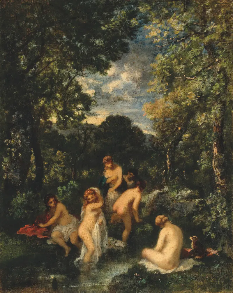 A serene depiction of bathers in a lush forest stream.