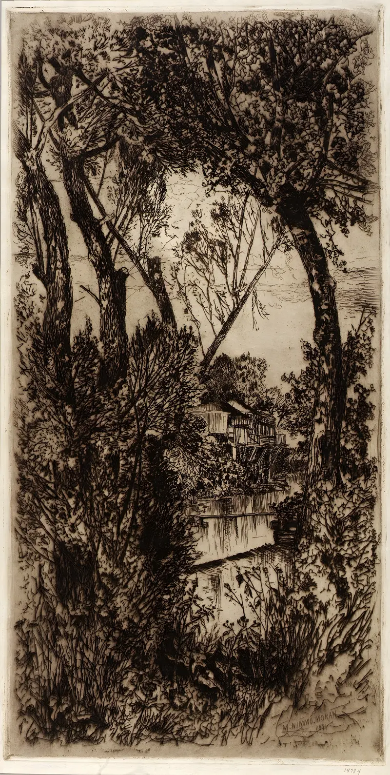 House by a Stream, oil painting by Mary Nimmo Moran, depicting a serene landscape with a house and stream.