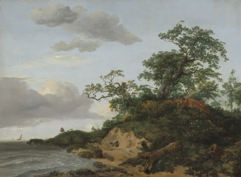 Dunes by the Sea, oil painting by Jacob van Ruisdael, featuring dunes and sea.