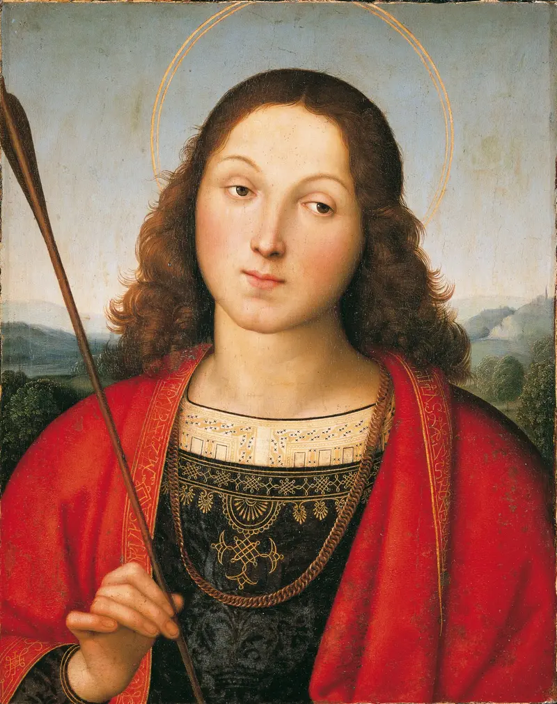Saint Sebastian, a serene depiction of the martyr bound to a tree, pierced by arrows, painted by Raphael in 1501.