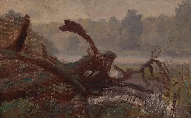 oil on canvas by Jozef Chelmonski depicting uprooted trees in a forest