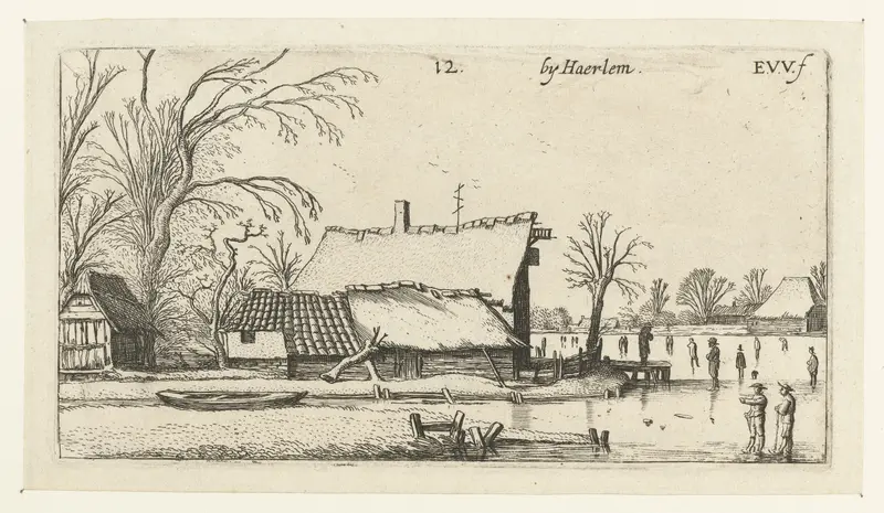 Winter landscape with skaters on a frozen river, etching by Esaias van de Velde