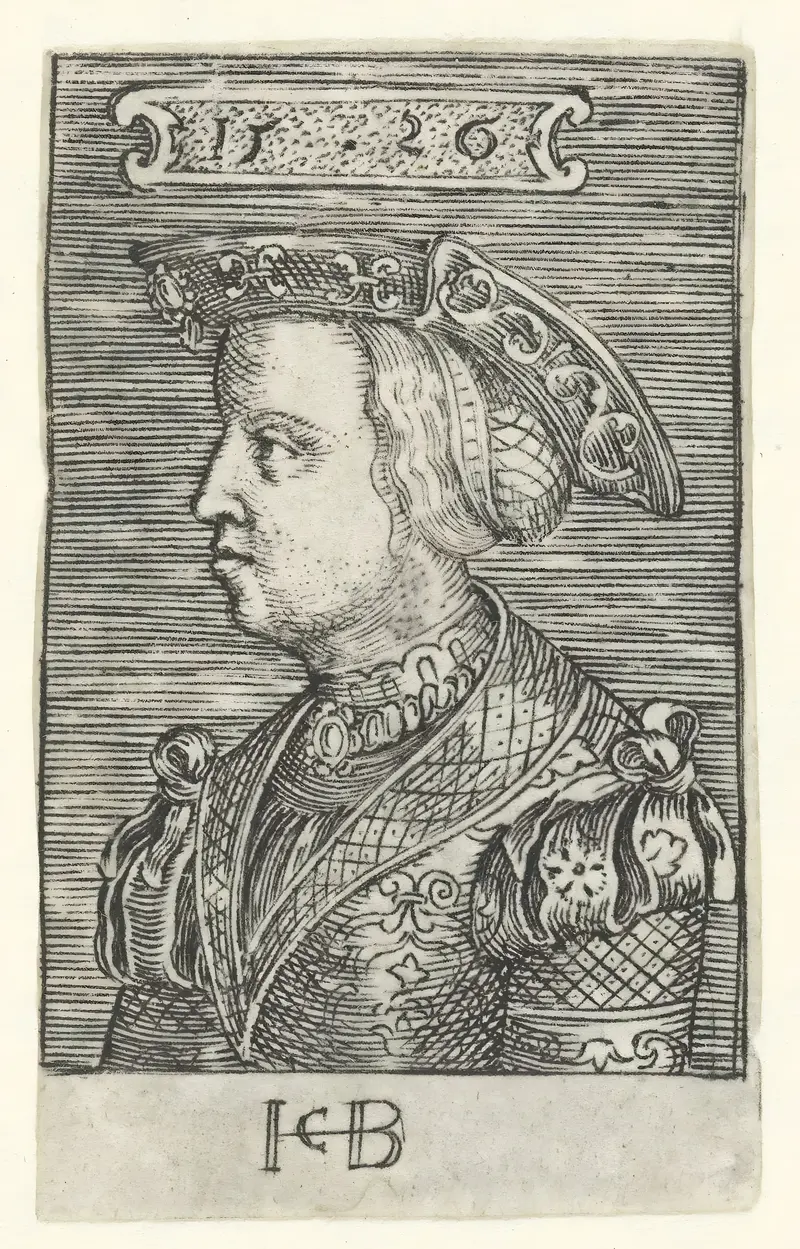 Engraving by Jacob Binck depicting Claudia van Valois in elegant dress.