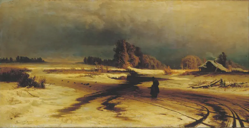 Landscape oil painting by Fyodor Vasilyev depicting melting ice and vibrant colors.