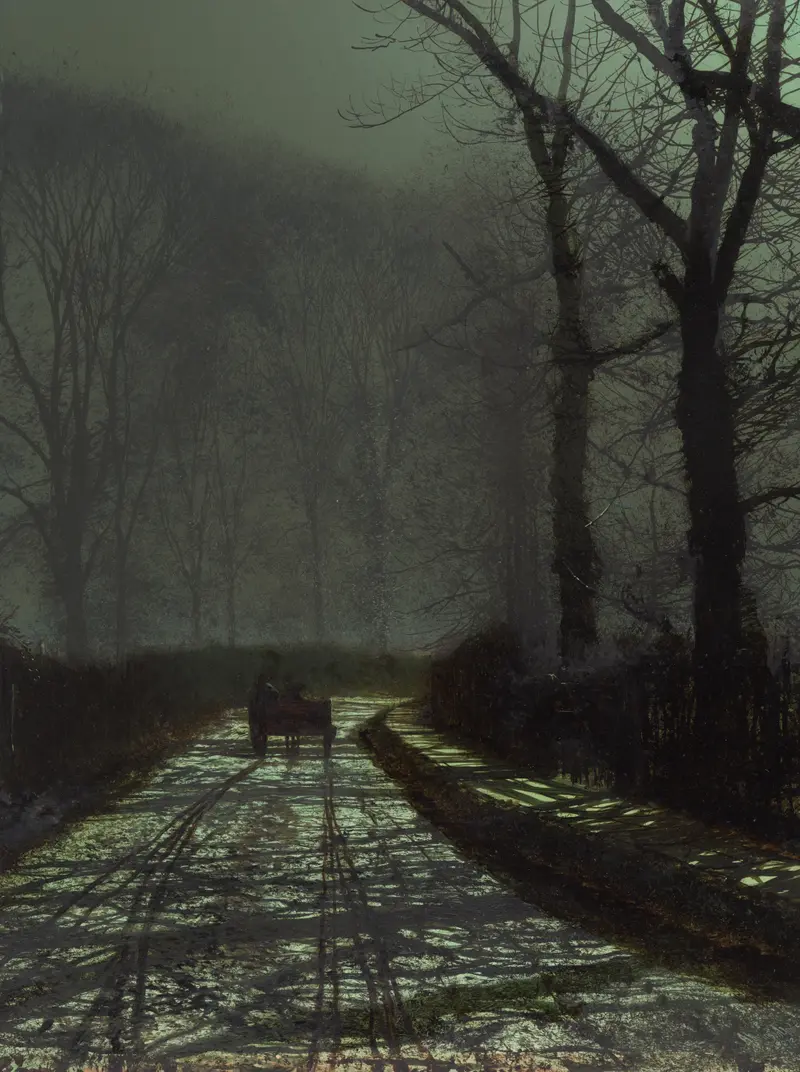 Lane Scene at Night, oil on paper by John Atkinson Grimshaw, featuring a cobblestone path illuminated by lamplight.