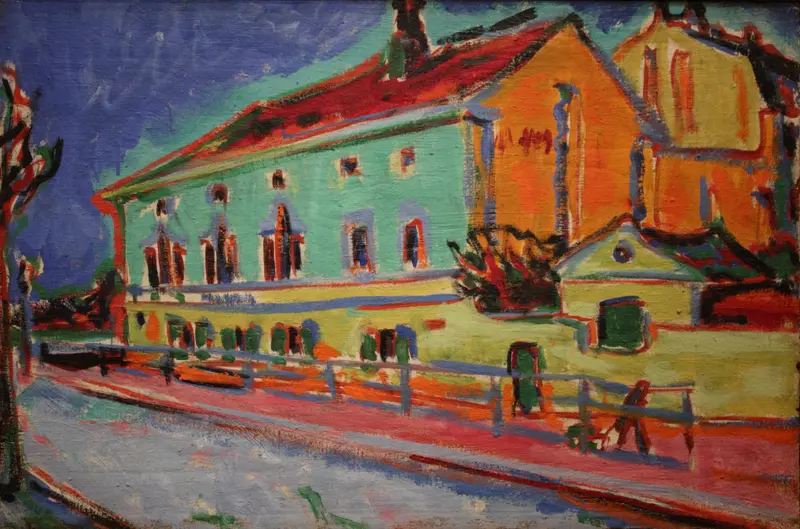 Houses in Dresden, oil on canvas by Ernst Ludwig Kirchner, featuring colorful urban facades in warm light.