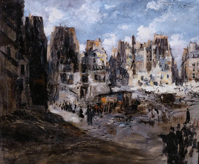 Genre scene depicting a Parisian afternoon by Félix Hilaire Buhot, oil painting