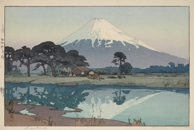Suzukawa, a woodblock print by Yoshida Hiroshi depicting a tranquil riverbank with trees.
