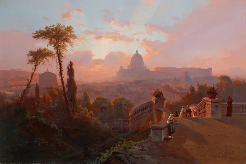View of Rome by Johann Hermann Carmiencke, oil on canvas depicting ancient architecture and hills.