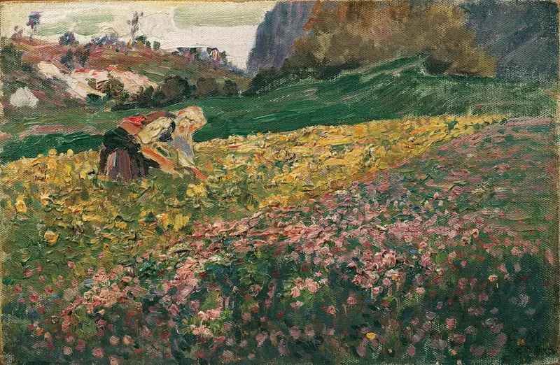Figurative oil painting by Carl Moll featuring a girl among flowers