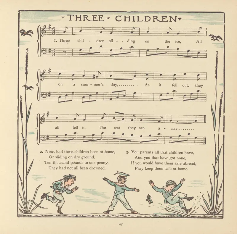 A charming depiction of three children engaged in playful activities.