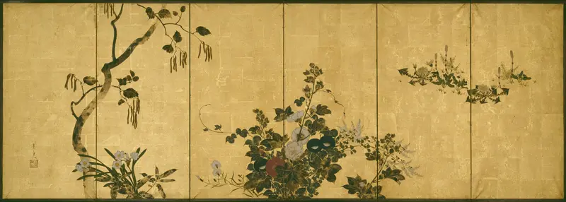 Ukiyo-e by Suzuki Kiitsu depicting chrysanthemums and plums in gold