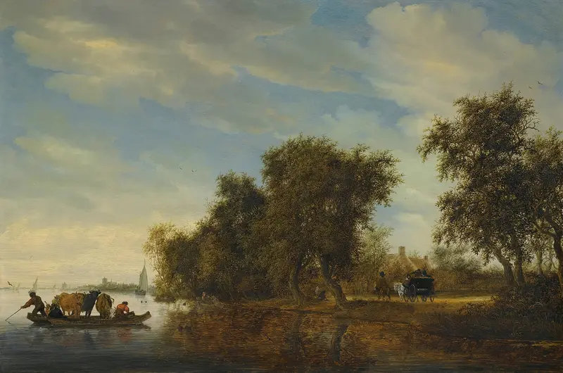 A river landscape with a ferry boat, oil on canvas by Jacob Salomonsz. van Ruysdael